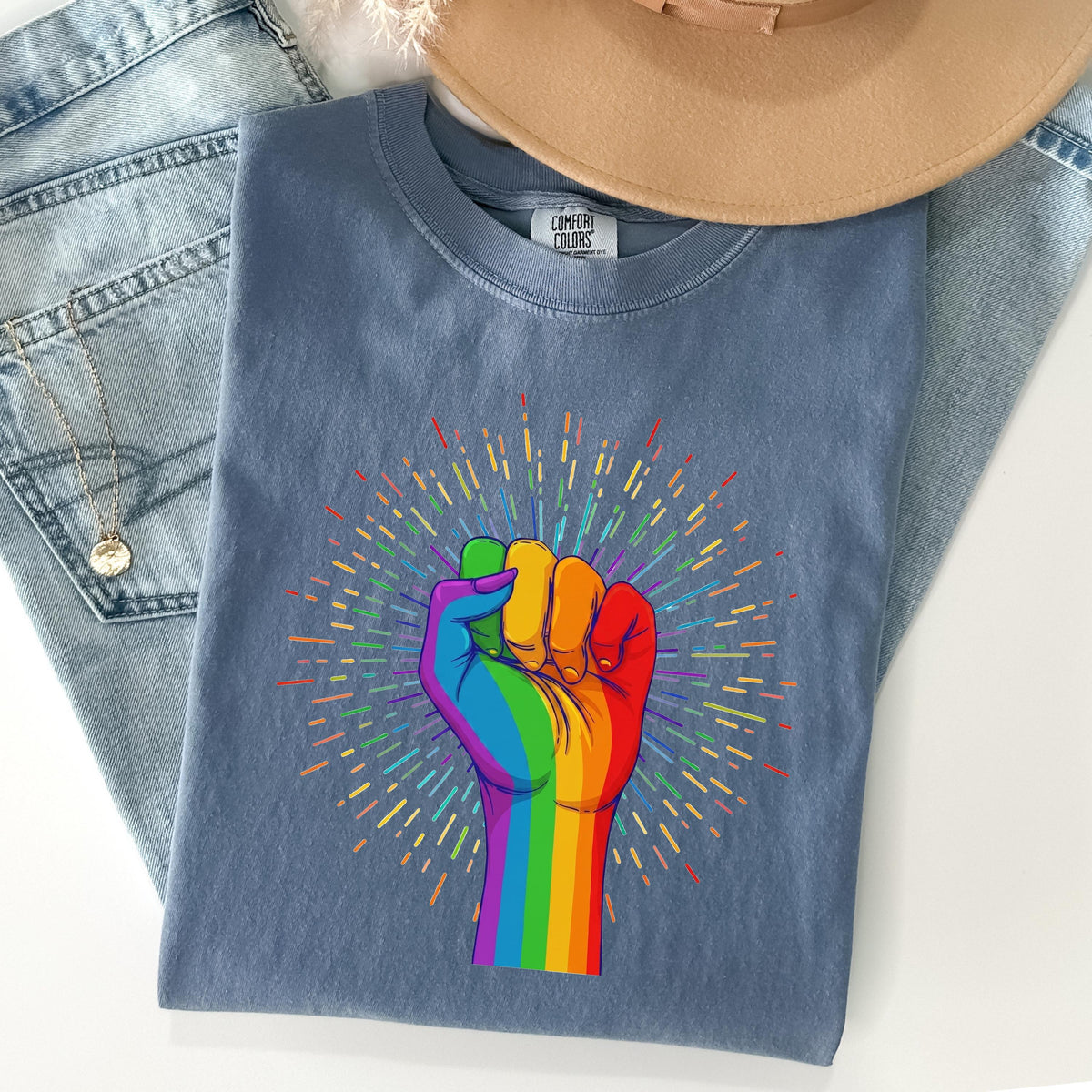 Pride t-shirt / UNISEX tee / Rainbow Coloured Hand With a Fist Raised Up / LGBTQ flag tshirt / Gay Pride gift / Pride Week / Pride month