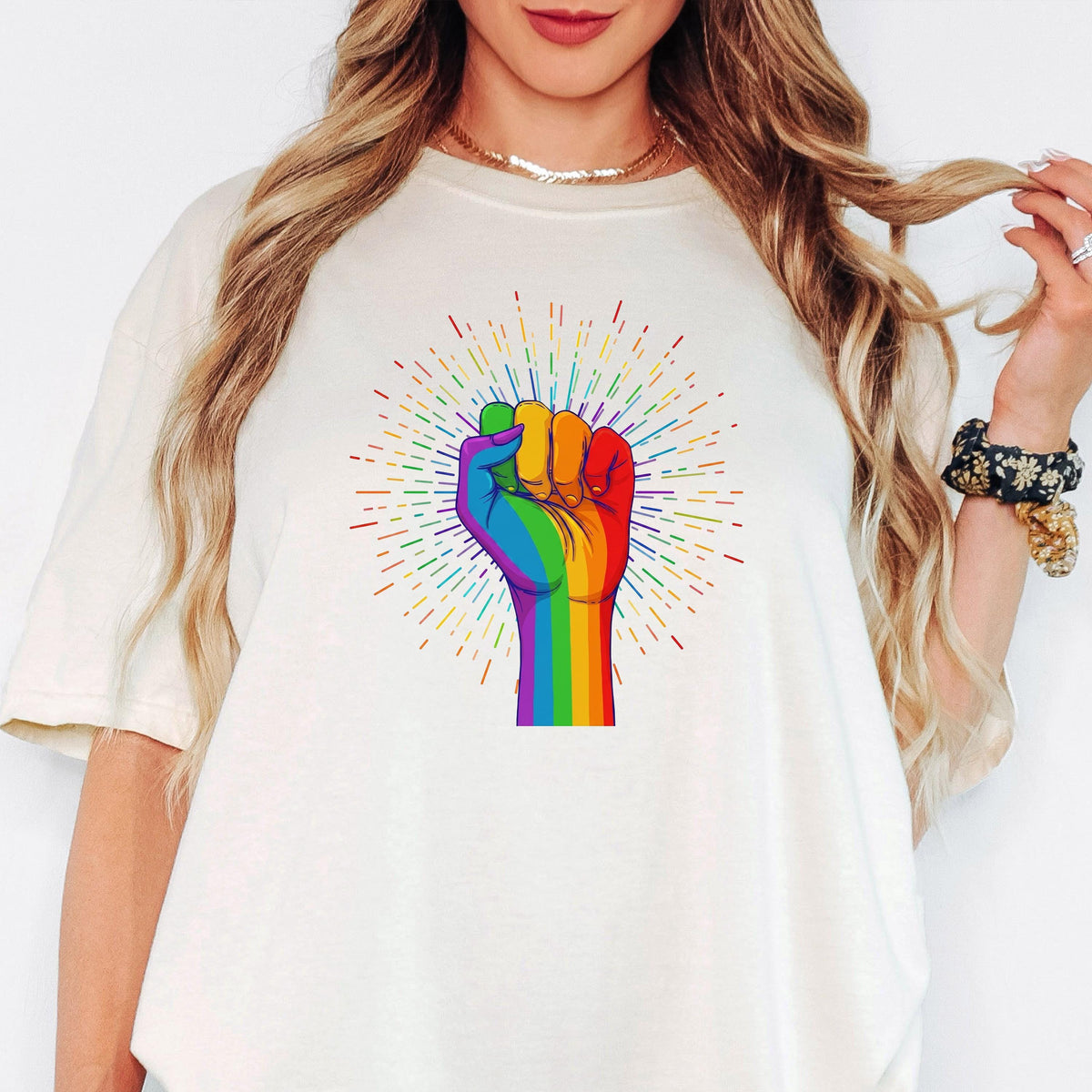 Pride t-shirt / UNISEX tee / Rainbow Coloured Hand With a Fist Raised Up / LGBTQ flag tshirt / Gay Pride gift / Pride Week / Pride month