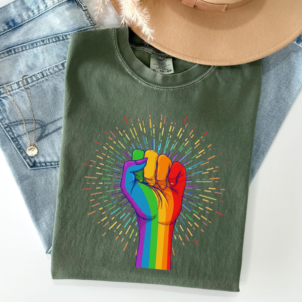 Pride t-shirt / UNISEX tee / Rainbow Coloured Hand With a Fist Raised Up / LGBTQ flag tshirt / Gay Pride gift / Pride Week / Pride month