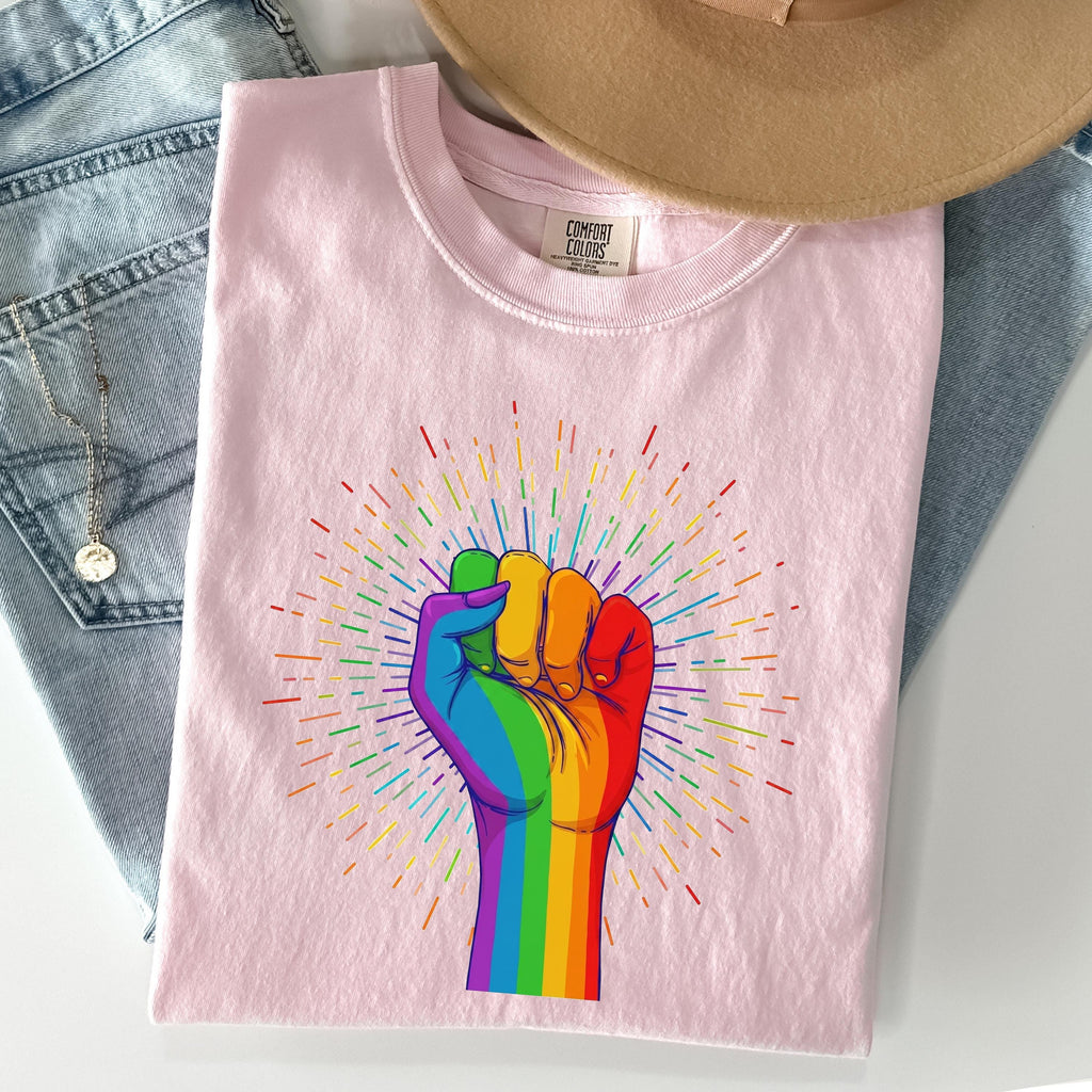 Pride t-shirt / UNISEX tee / Rainbow Coloured Hand With a Fist Raised Up / LGBTQ flag tshirt / Gay Pride gift / Pride Week / Pride month