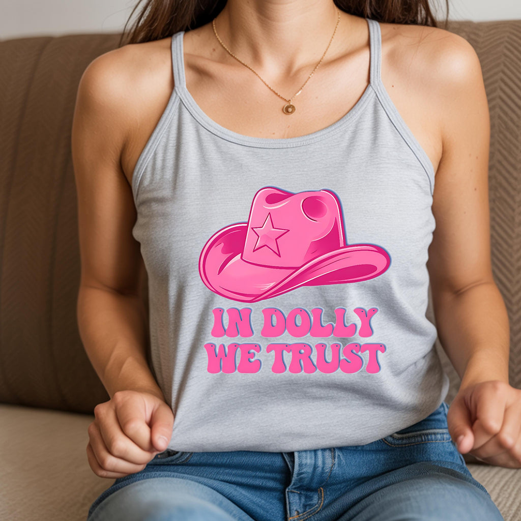 Pink Cowboy Hat Camisole In Dolly We Trust Spaghetti Strap Top Western Graphic Tank Cute Y2K Aesthetic Country Music Festival Concert Outfit
